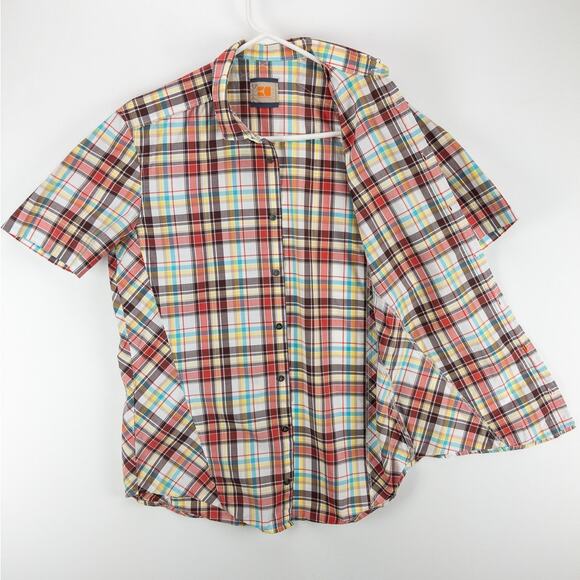 Boss Orange Plaid Men's Medium Button Up Short Sleeve Red White Brown Logo - Picture 6 of 12